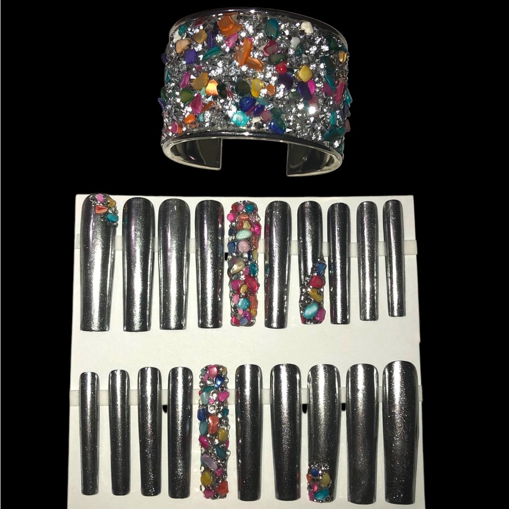 Custom Handmade Press On Nails 2XLong Square Silver Metallic Stones & Bracelet